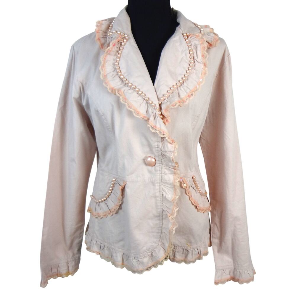 Vintage Y2K Tropico Pink Cotton Jacket Ruffle Lace Beaded Sequin Pearls Large